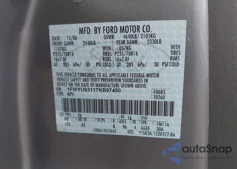 2007 Ford Escape Xlt/Xlt Sport из США, поврежденный, VIN 1FMYU93117KB97450